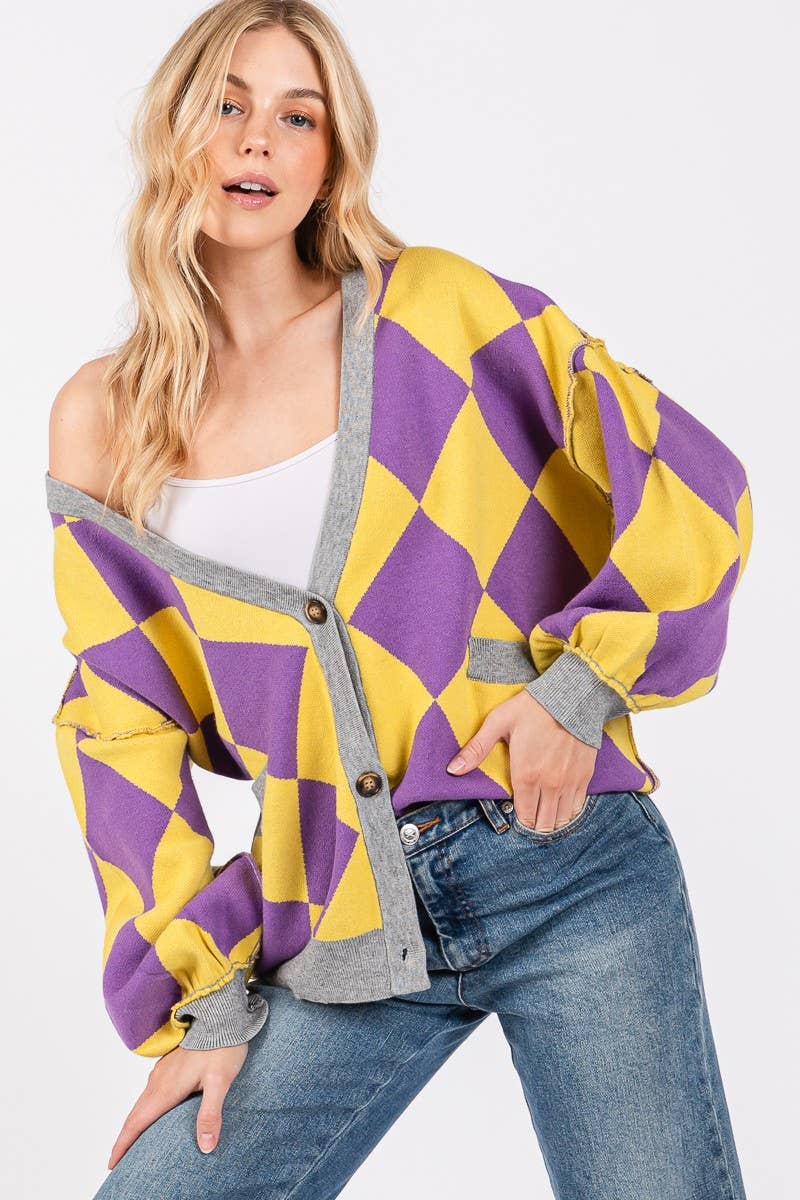 GAME DAY ARGYLE PRINT CARDIGAN SWEATER