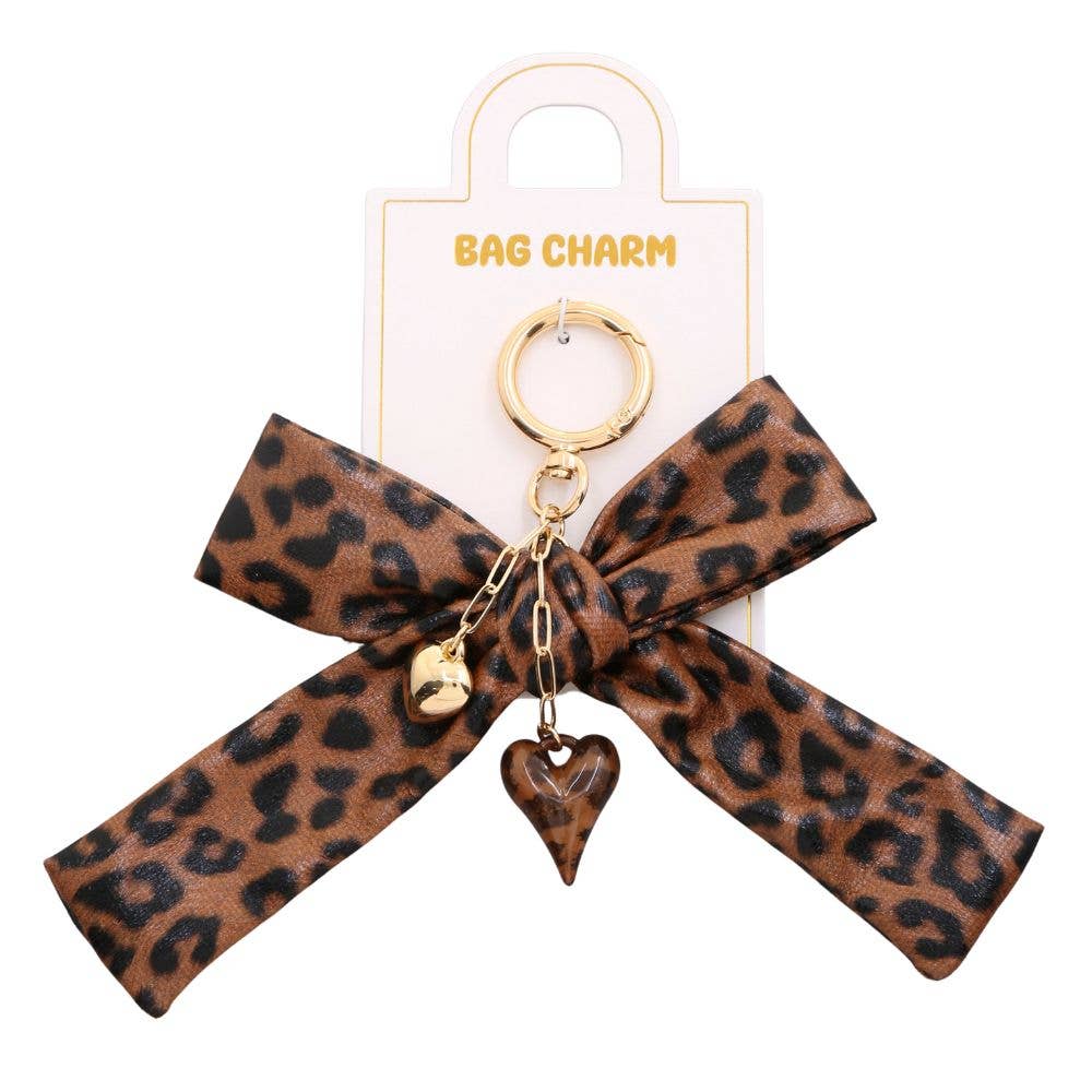 ANIMAL PRINT RIBBON BOW HEART BAG CHARM KEYCHAIN, JCA 063