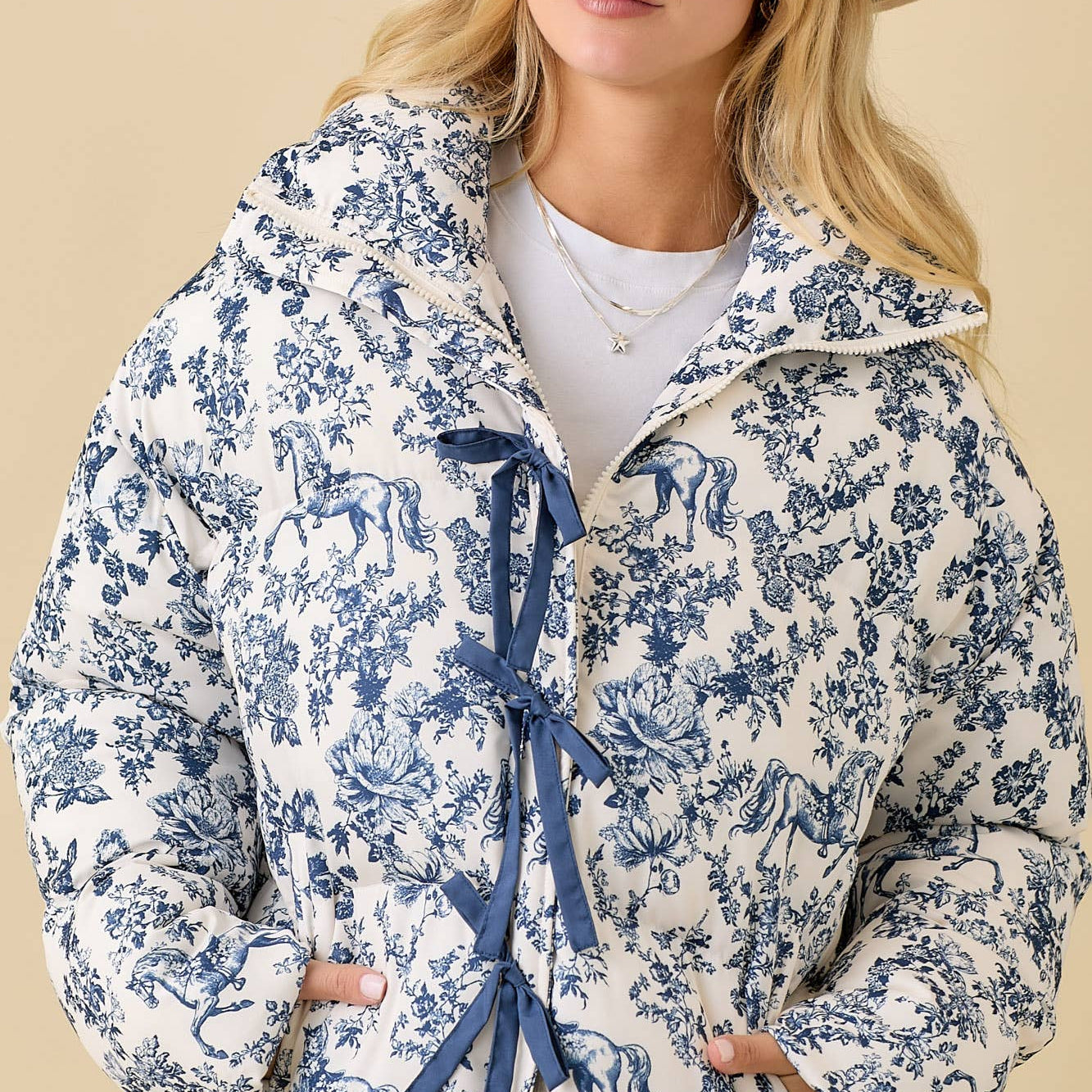 Vintage Horse Toile Print Puff Jacket