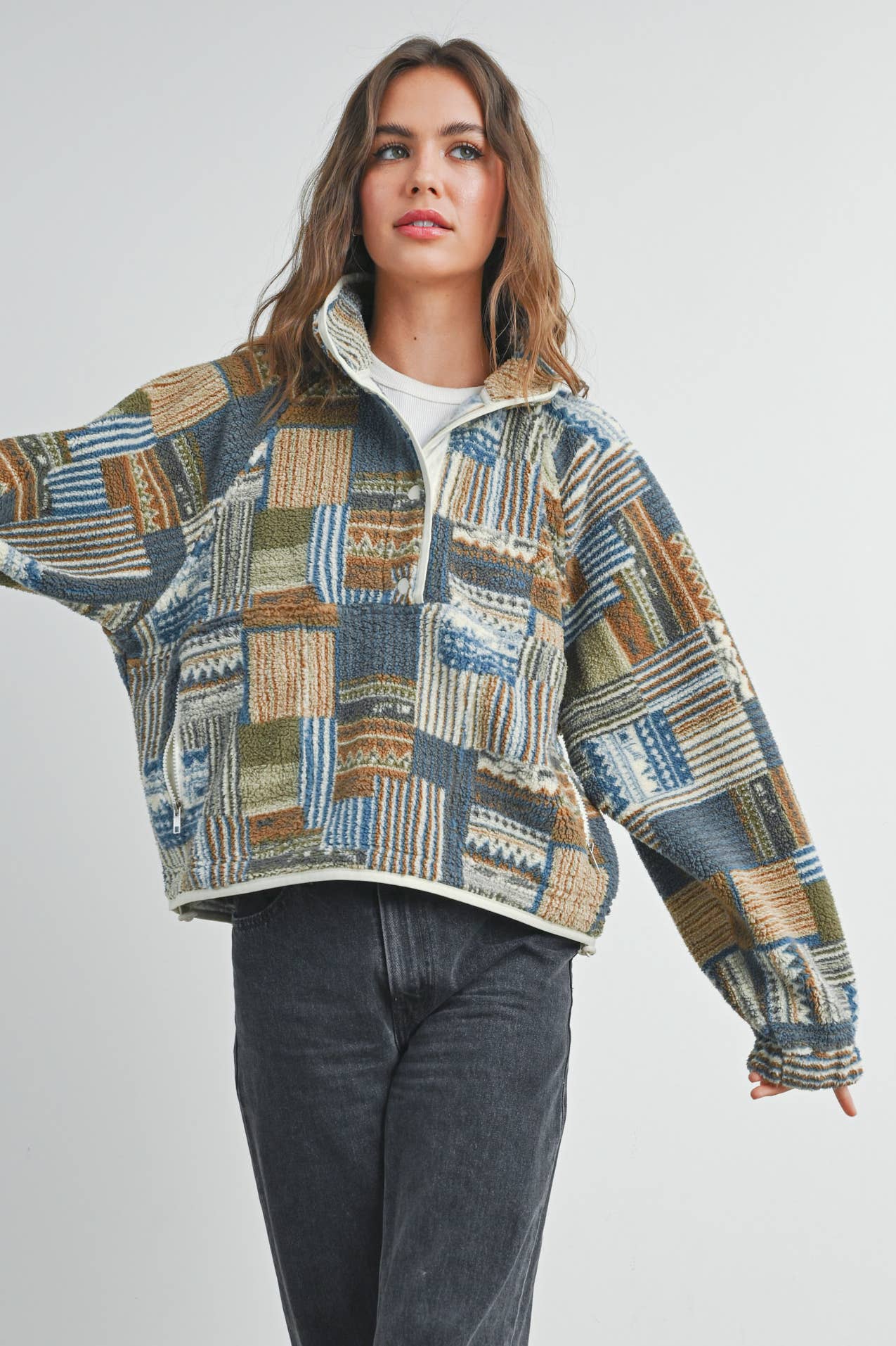 Fuzzy Patchwork Printed Pullover