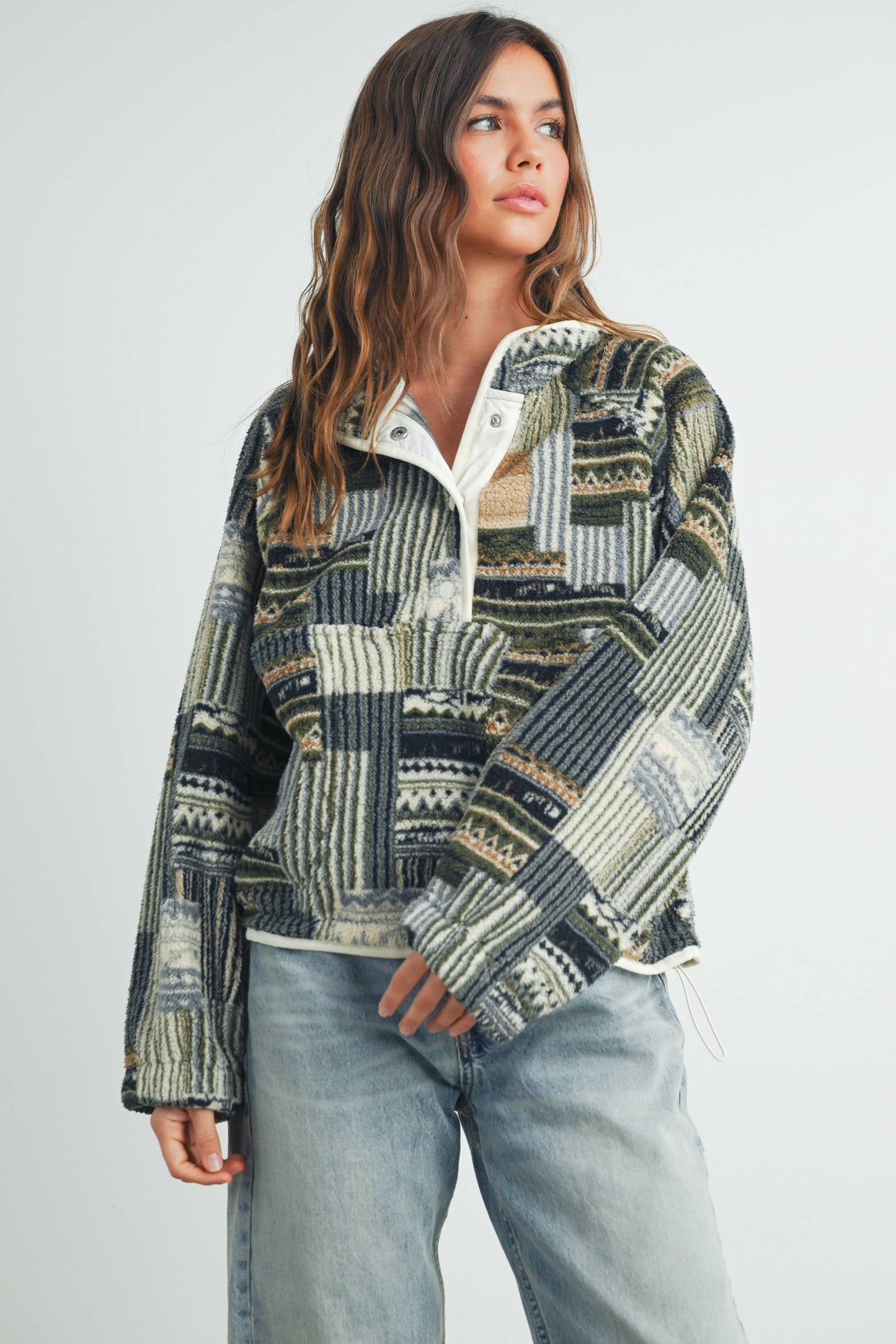Fuzzy Patchwork Printed Pullover