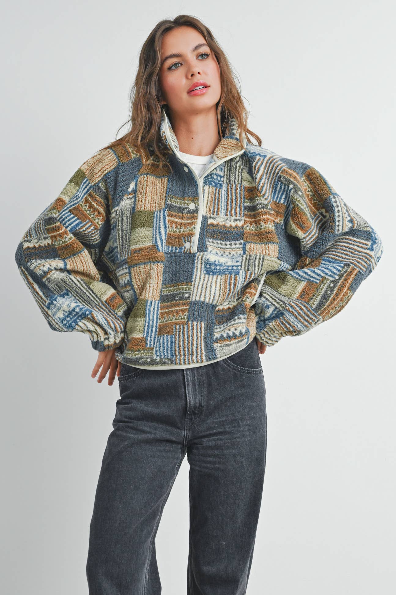 Fuzzy Patchwork Printed Pullover