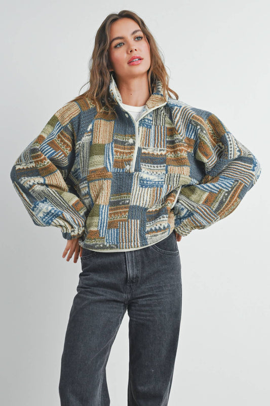 Fuzzy Patchwork Printed Pullover