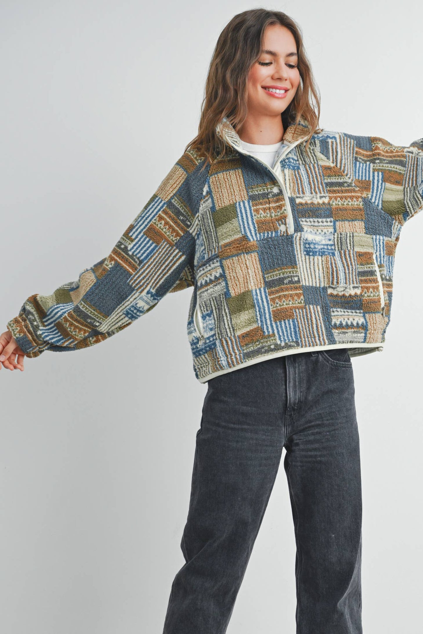 Fuzzy Patchwork Printed Pullover