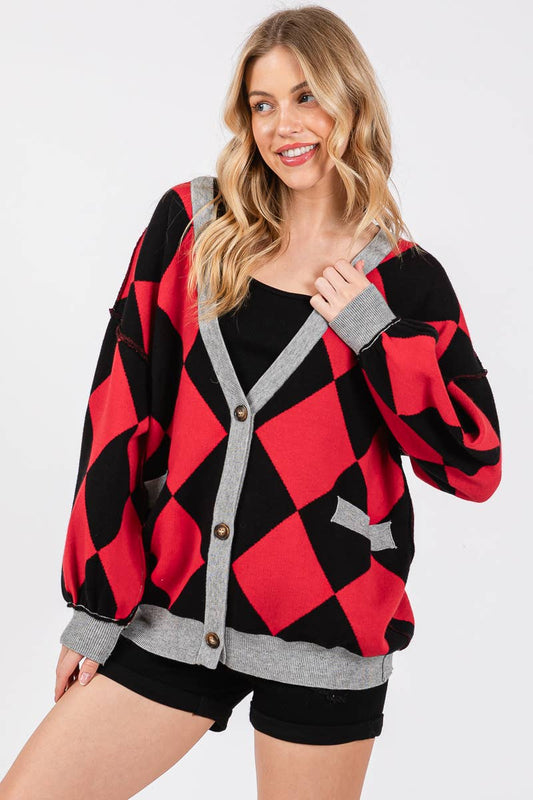 GAME DAY ARGYLE PRINT CARDIGAN SWEATER