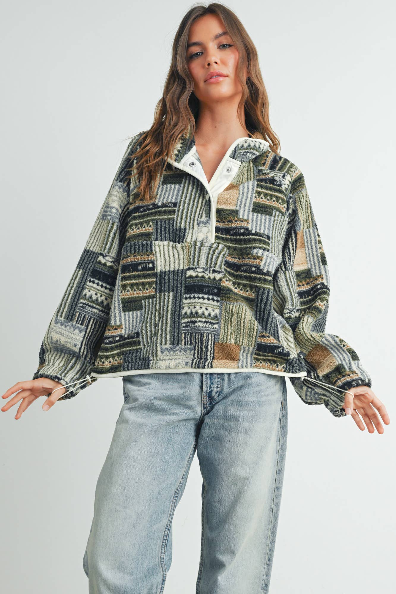 Fuzzy Patchwork Printed Pullover