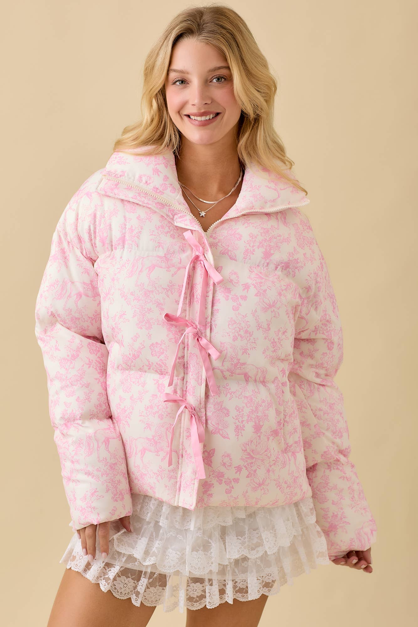 Vintage Horse Toile Print Puff Jacket