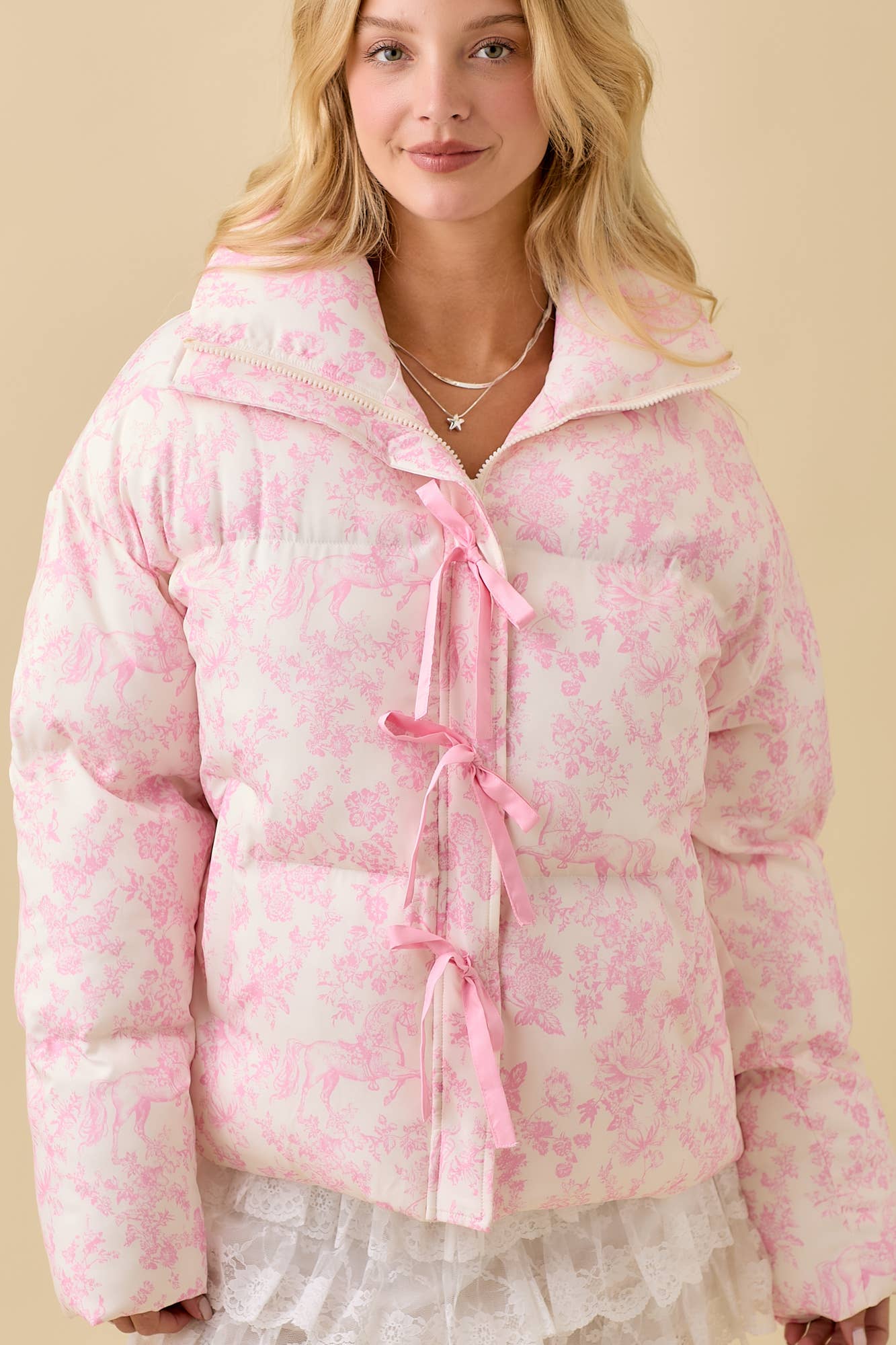 Vintage Horse Toile Print Puff Jacket