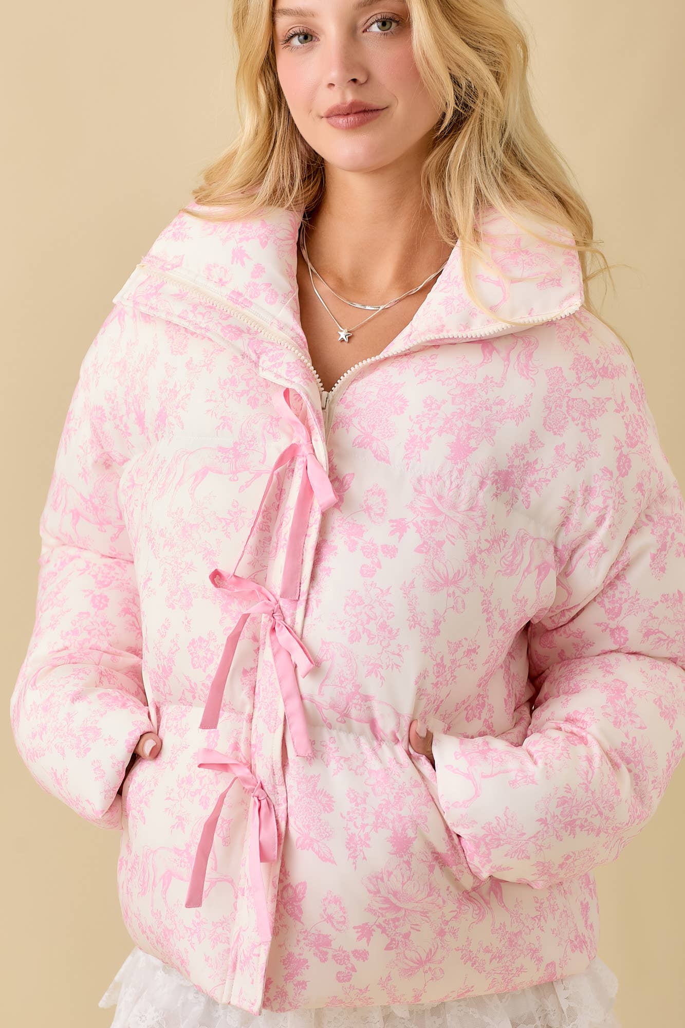 Vintage Horse Toile Print Puff Jacket