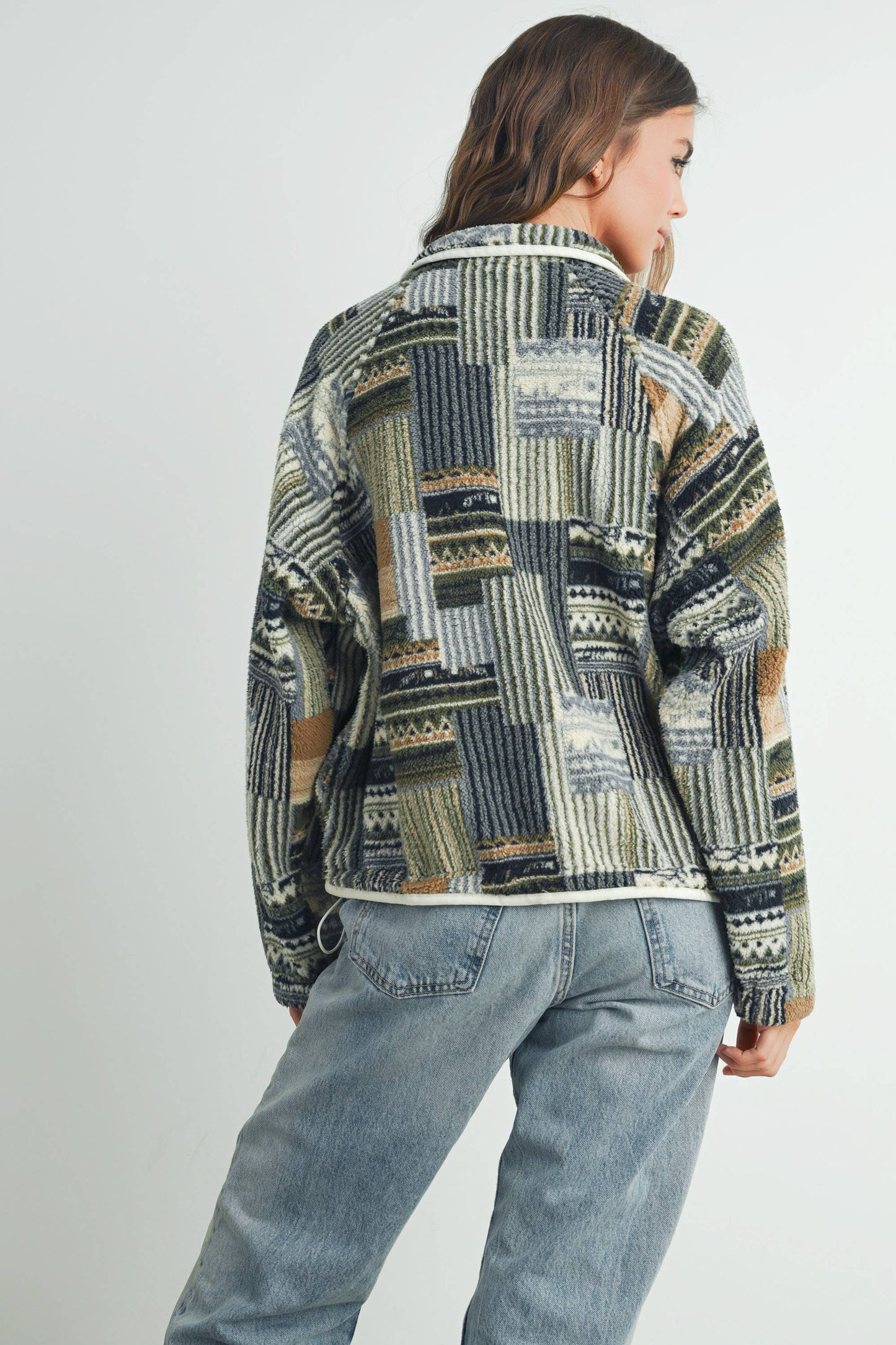Fuzzy Patchwork Printed Pullover