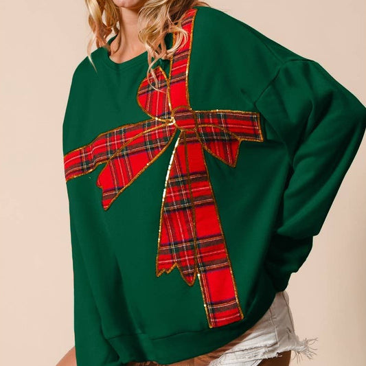 Plaid Ribbon Bow Detail Christmas Fleece Pullover