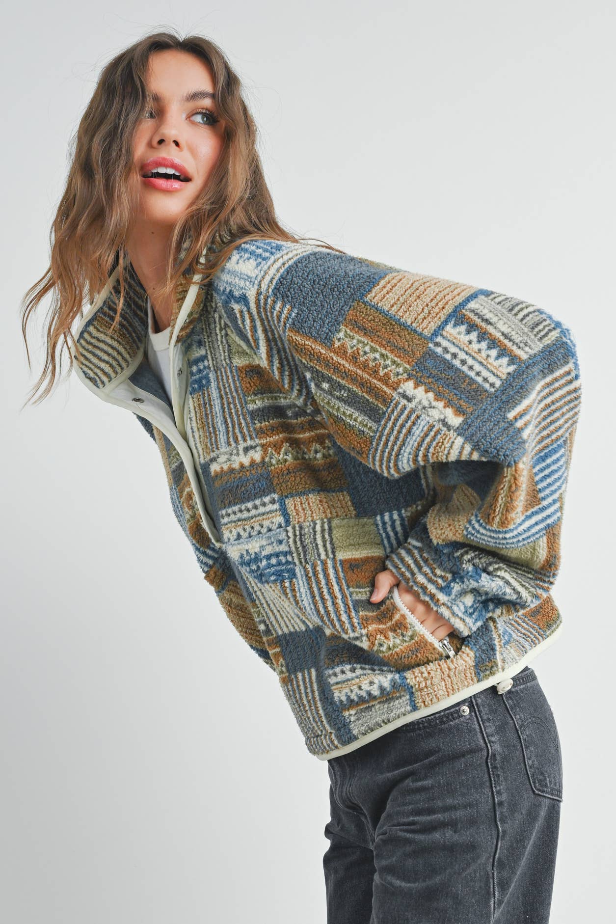 Fuzzy Patchwork Printed Pullover