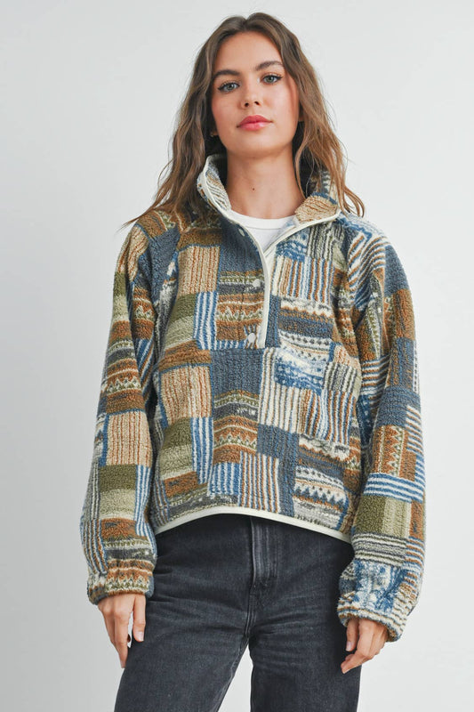 Fuzzy Patchwork Printed Pullover