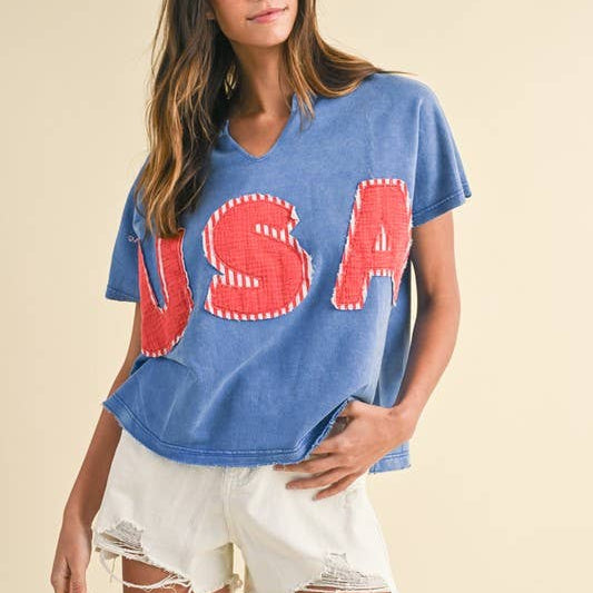 Mineral Washed Usa Patched Knit Top