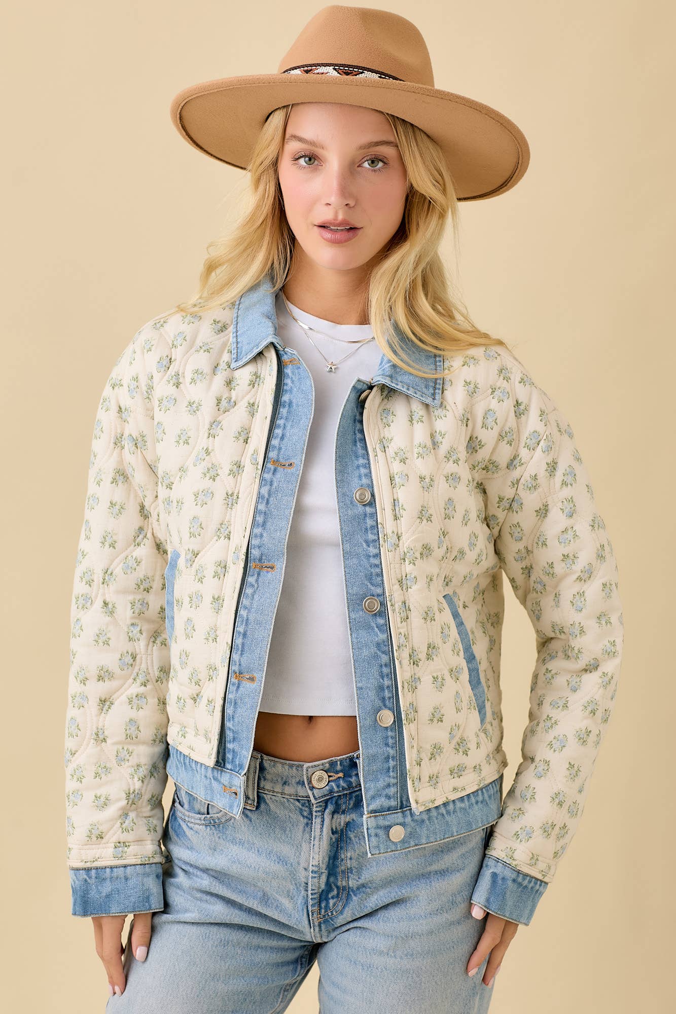 Floral Print Quilted Denim Jacket
