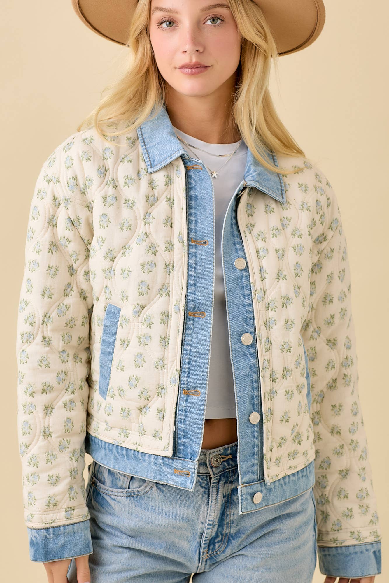 Floral Print Quilted Denim Jacket