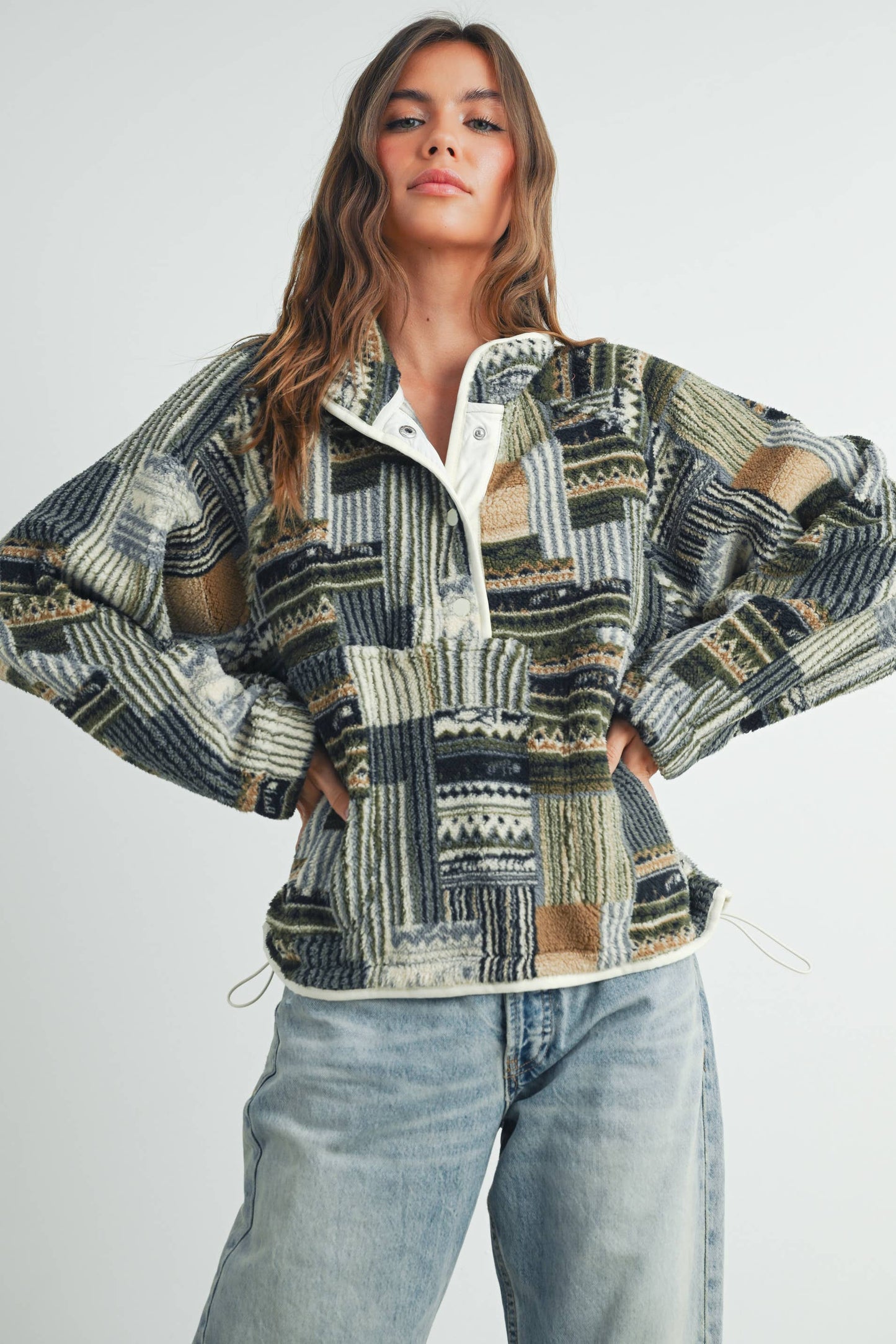 Fuzzy Patchwork Printed Pullover