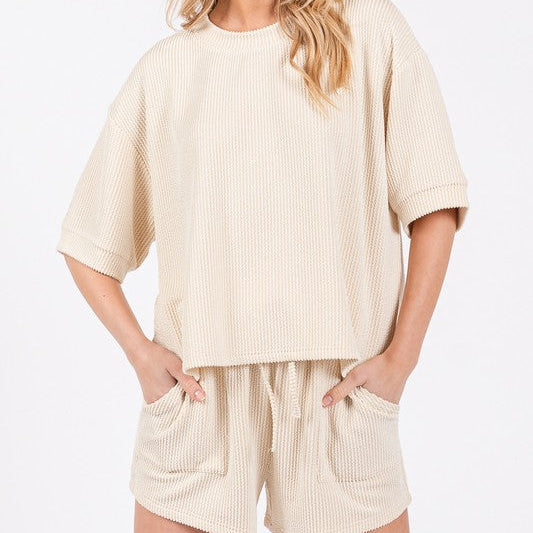 Ribbed Round Neck Top And Shorts Set