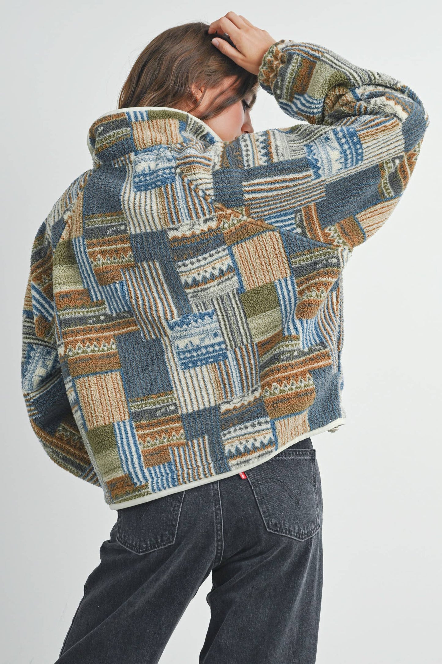 Fuzzy Patchwork Printed Pullover