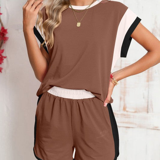 Color Block Top And Elastic Waist Shorts Set