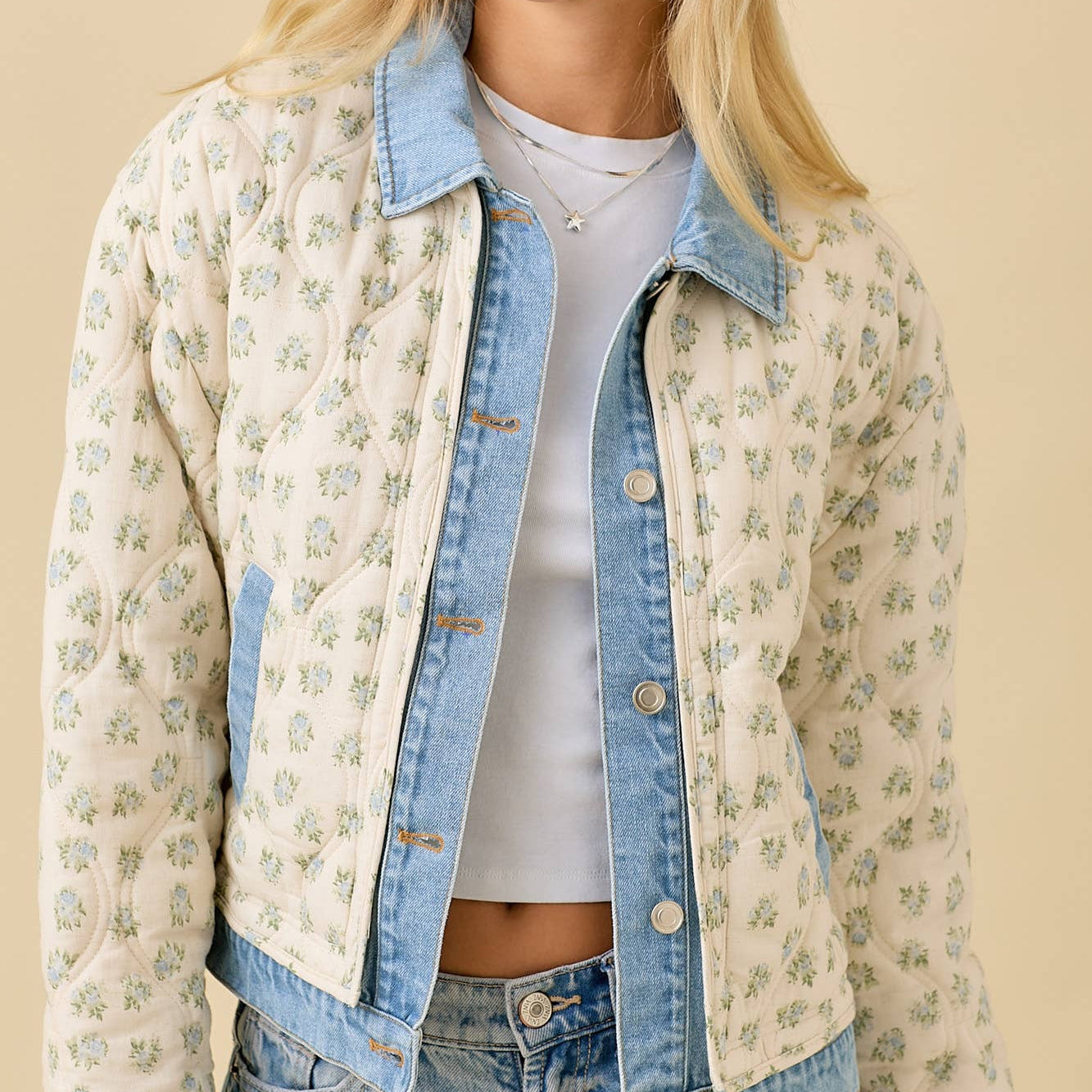 Floral Print Quilted Denim Jacket