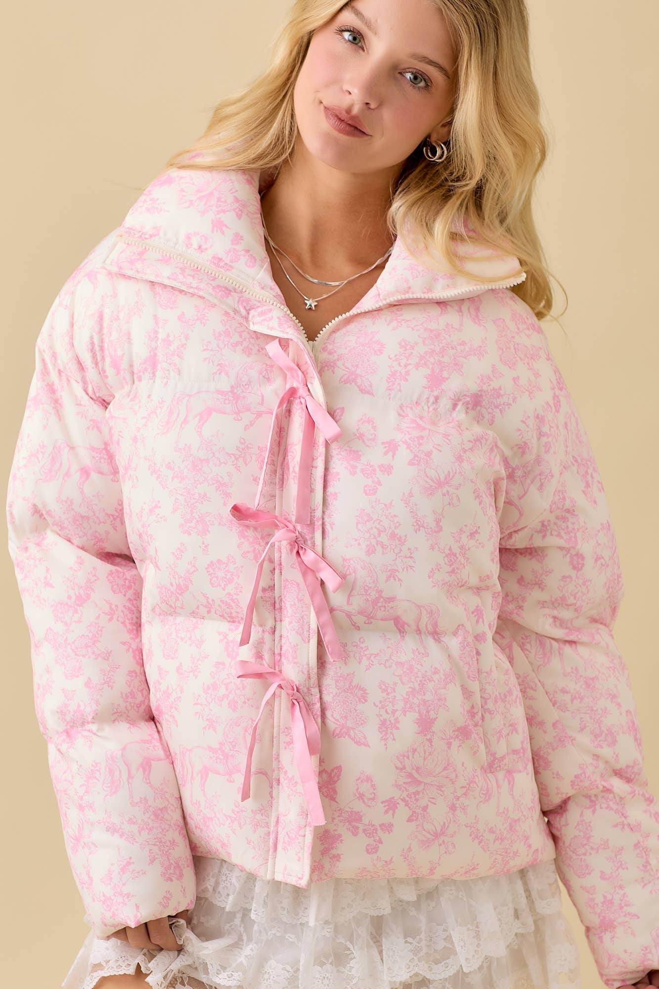 Vintage Horse Toile Print Puff Jacket