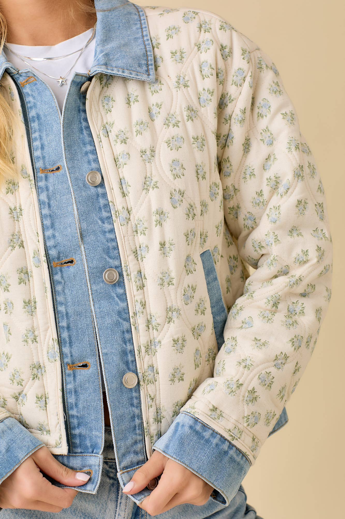 Floral Print Quilted Denim Jacket