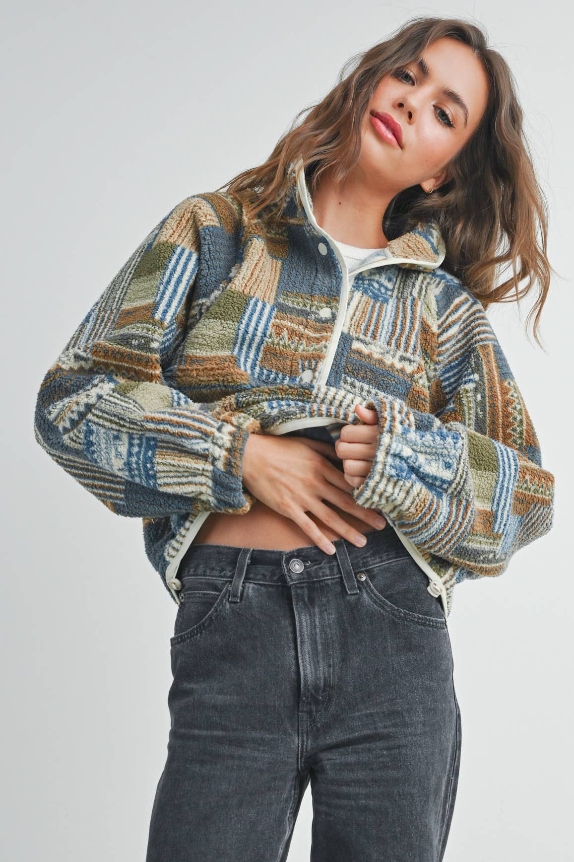 Fuzzy Patchwork Printed Pullover