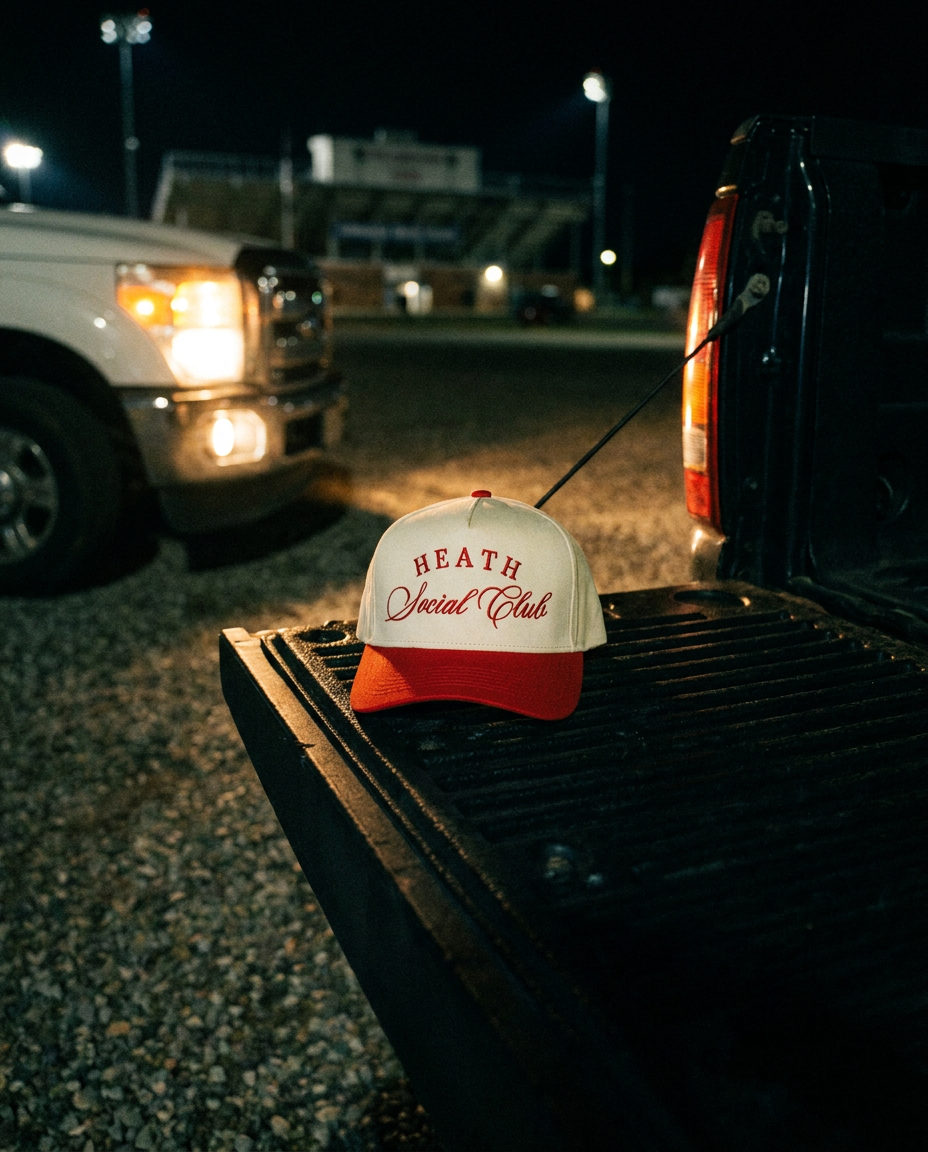CRRDRD Heath Social Club hat, cream crown, red brim, red embroidery, on a truck tailgate at night in Rockwall Texas