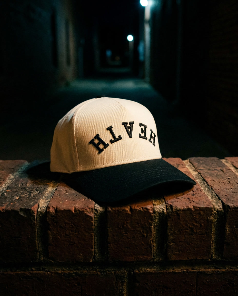 CRBKBK Heath upside down hat, cream crown, black brim, black embroidery, on a brick ledge at night in Rockwall Texas