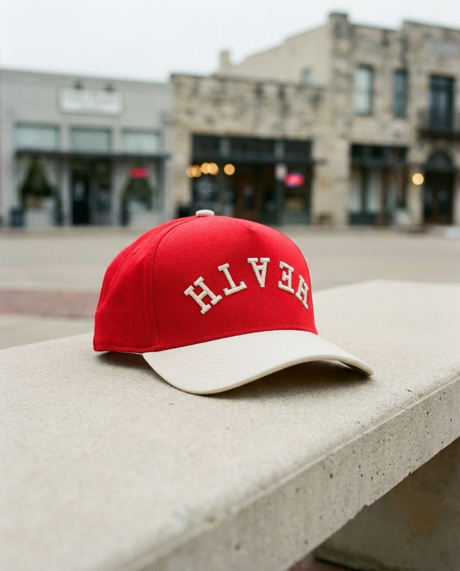 RDCRCR Heath upside down hat, red crown, cream brim, cream embroidery, on a bench on the Rockwall square