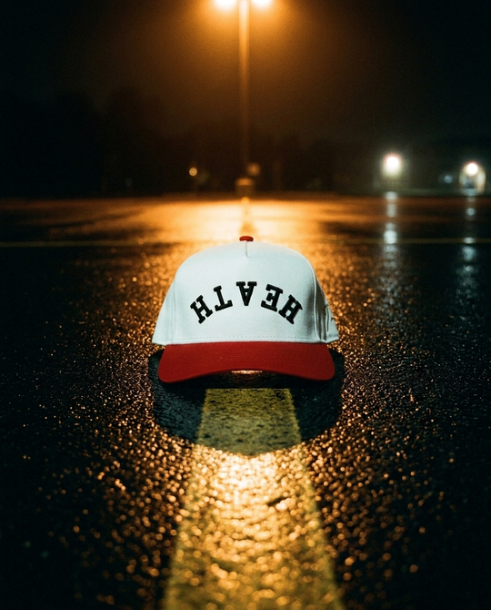 WHRDBK Heath upside down hat, white crown, red brim, black embroidery, on wet asphalt at night in Rockwall Texas