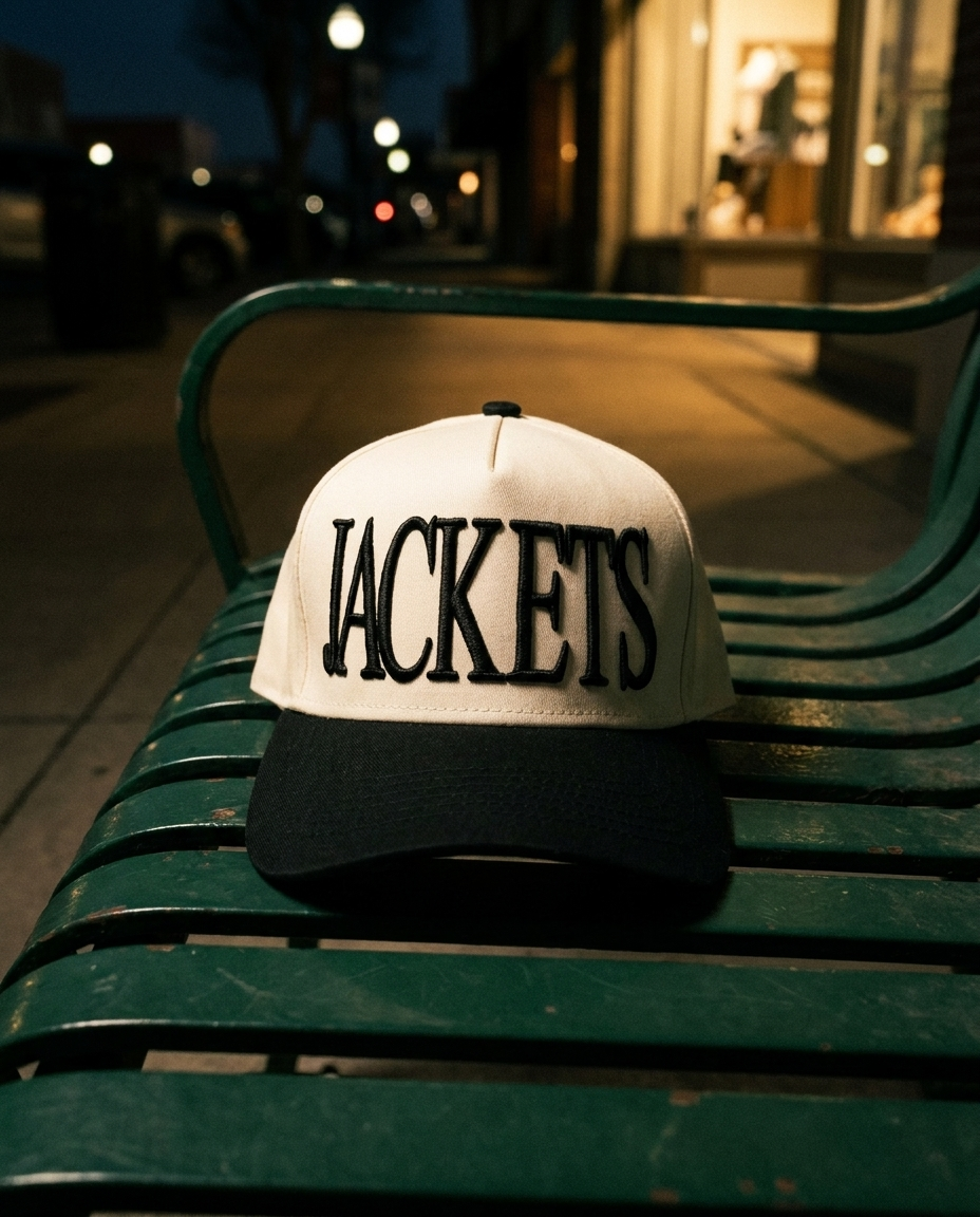 CRBKBK Rockwall Jackets big puff hat, cream crown, black brim, black raised puff embroidery, on a bench on the Rockwall square