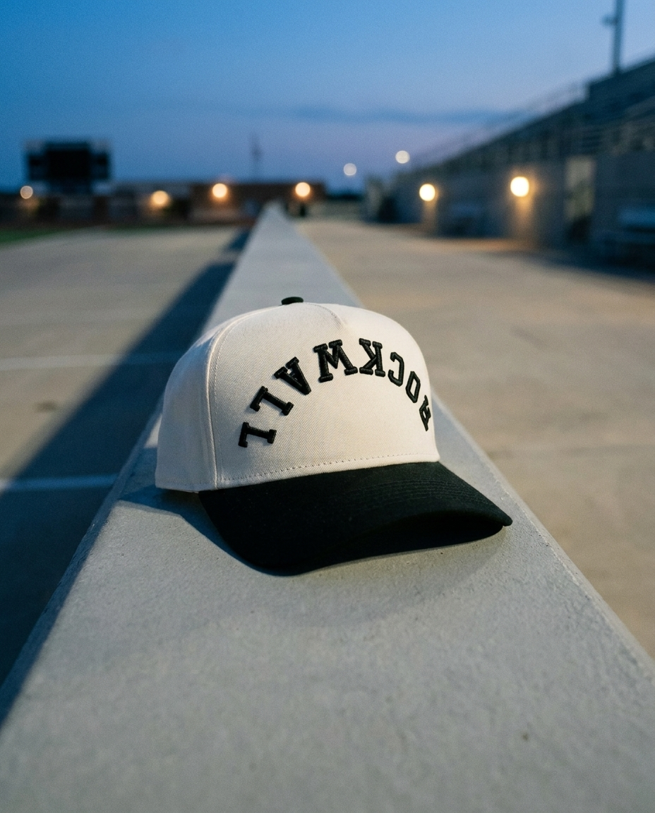 CRBKBK Rockwall upside down hat, cream crown, black brim, black embroidery, trackside at night in Rockwall Texas