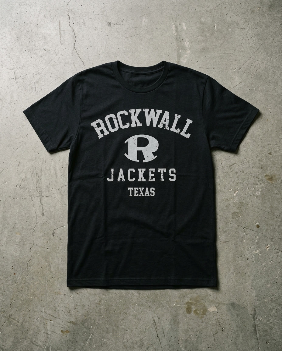 Rockwall Arched Basic tee in black, distressed ROCKWALL arch over a large R with JACKETS and TEXAS beneath, laid flat on concrete