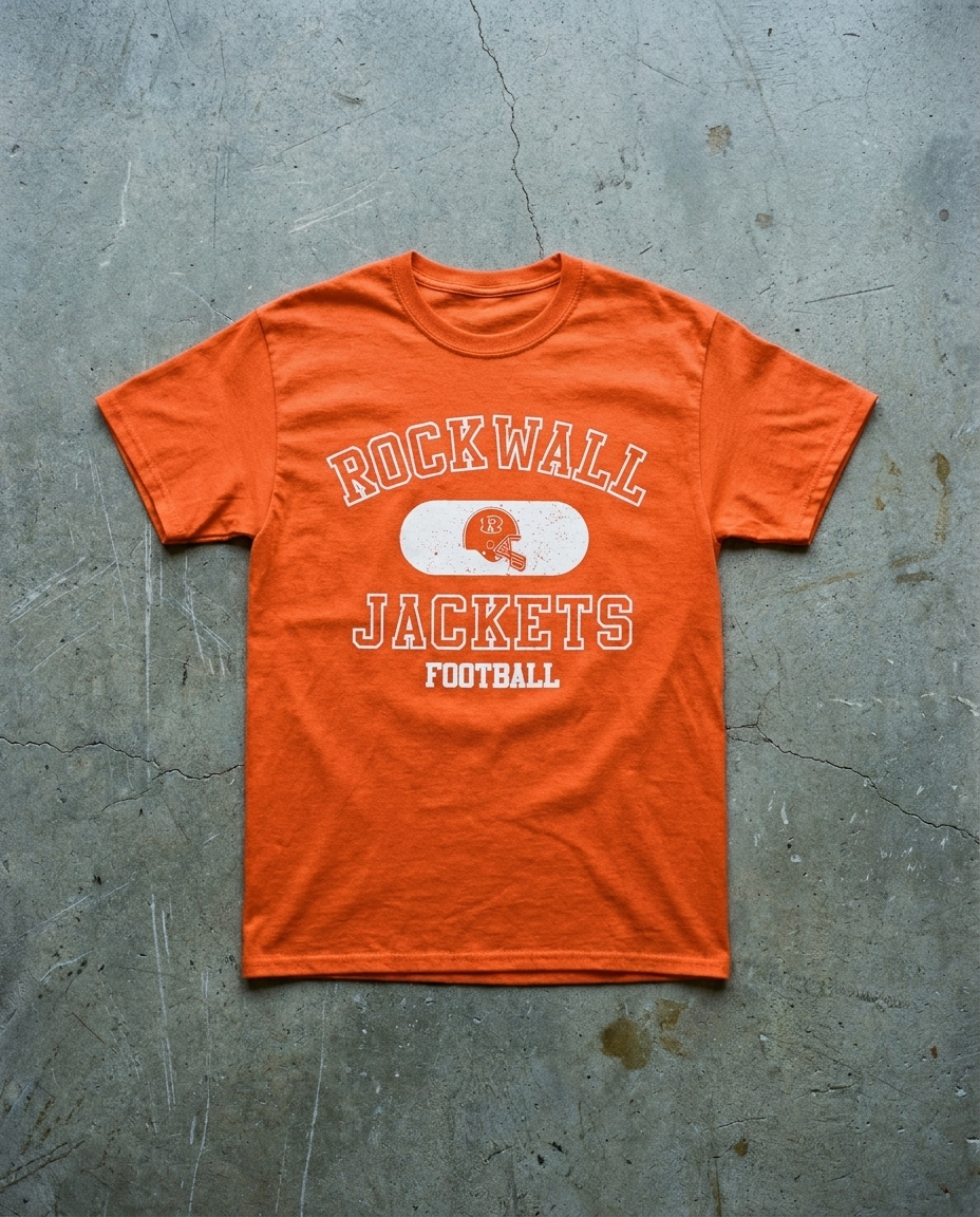 Rockwall Old School tee in orange, spaced ROCKWALL lettering with the helmet inside a white pill over JACKETS and FOOTBALL