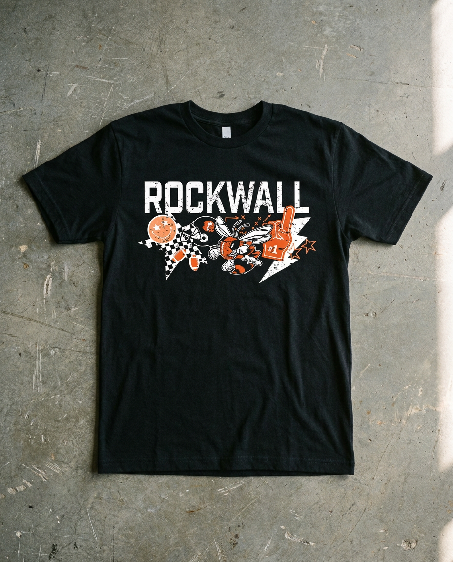 Rockwall Spirit Collage tee in black, ROCKWALL over a collage of the hornet, checkered flag, foam finger, football and lightning