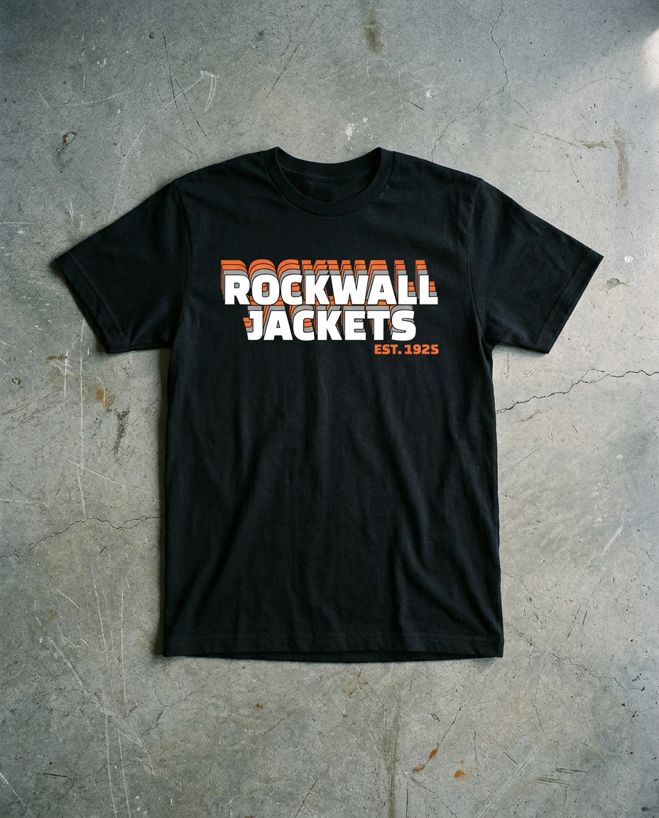 Rockwall Crescent Roll tee in black, ROCKWALL JACKETS stacked and echoing in orange and white with EST. 1925 beneath