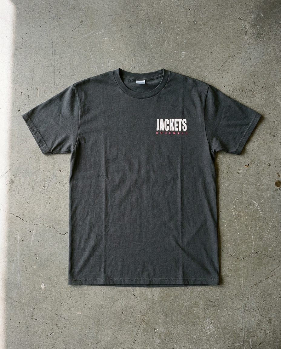 Rockwall Dizzy Floral tee in charcoal, front view with small JACKETS ROCKWALL lettering on the left chest