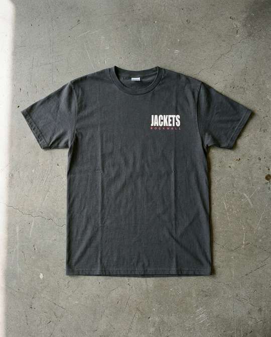 Rockwall Dizzy Floral tee in charcoal, front view with small JACKETS ROCKWALL lettering on the left chest