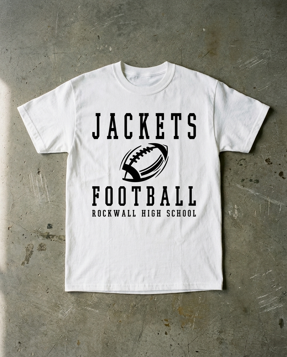Rockwall Football Make It Count tee in white, black JACKETS over a football and FOOTBALL with ROCKWALL HIGH SCHOOL beneath