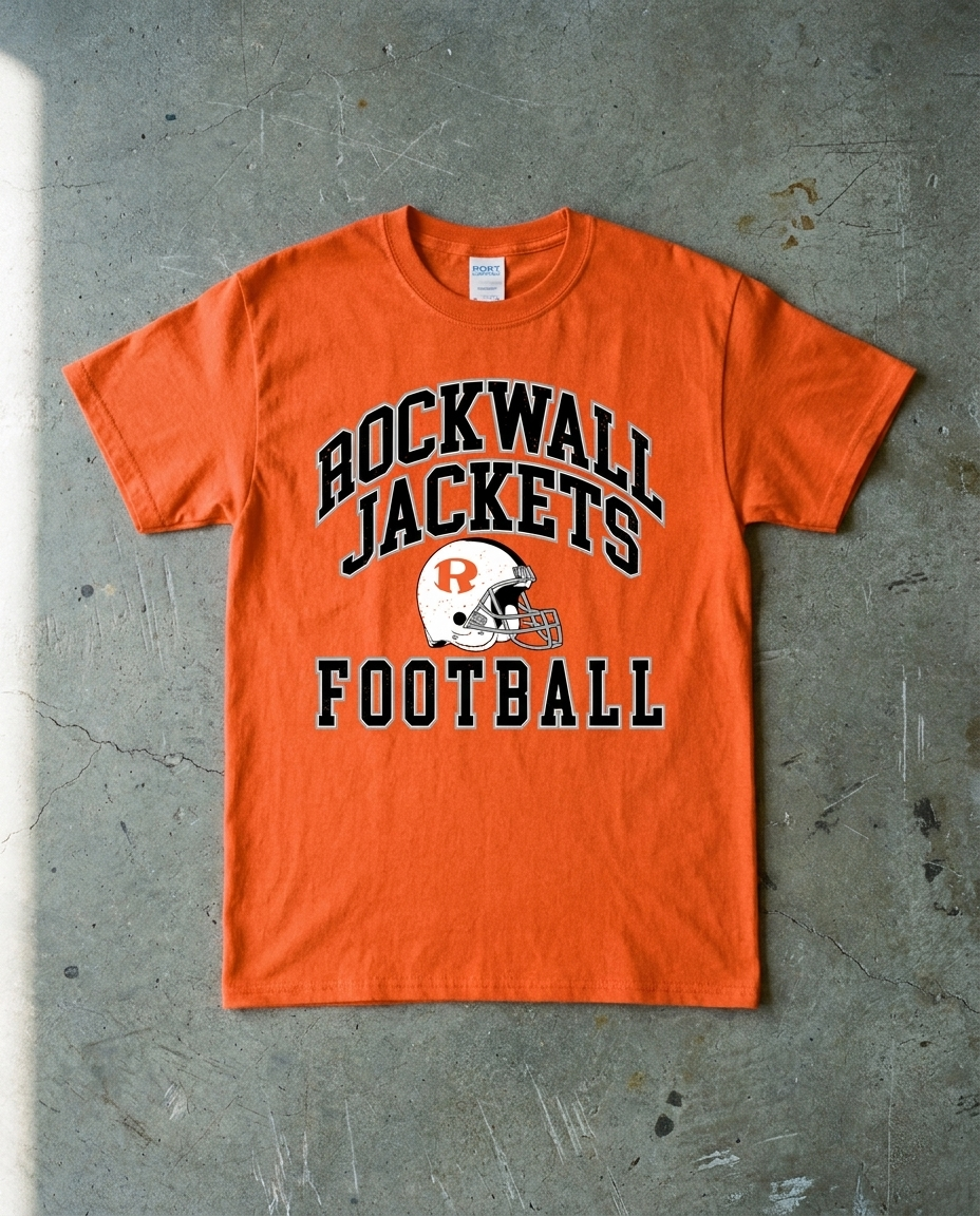Rockwall Football Red Zone tee in orange, stacked ROCKWALL JACKETS with the helmet set in the middle and FOOTBALL beneath