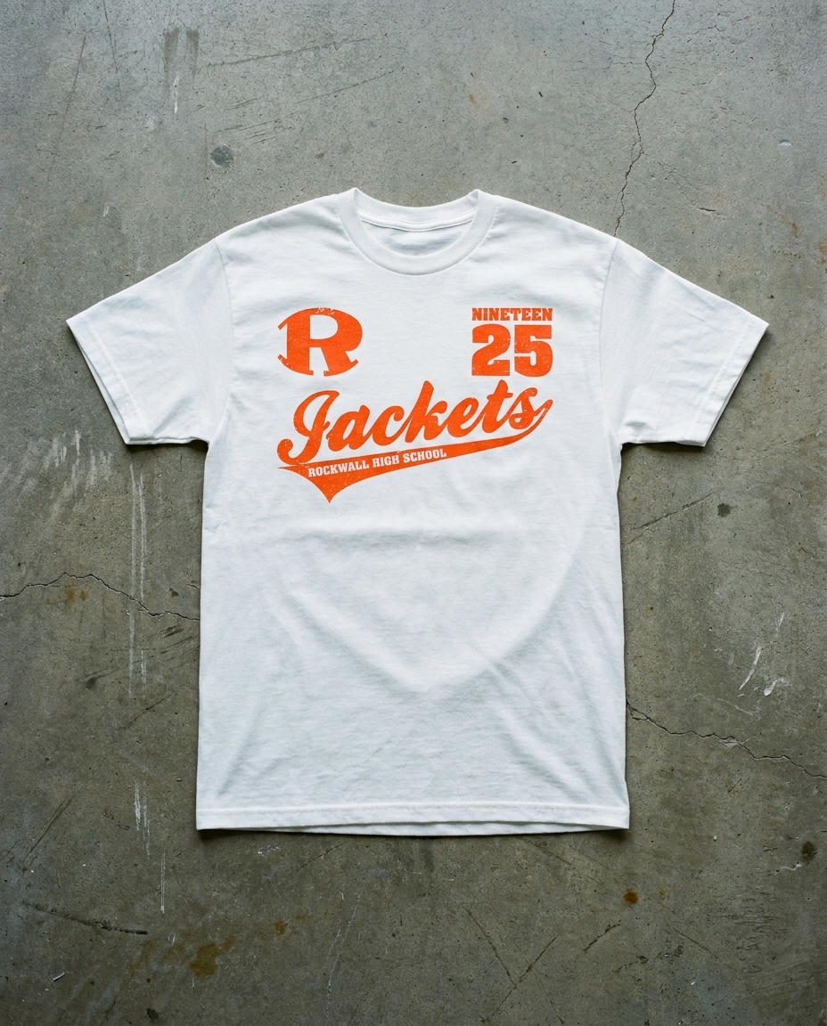 Rockwall Go For It tee in white, orange block R with NINETEEN 25 and the Jackets script riding an underline over ROCKWALL HIGH SCHOOL