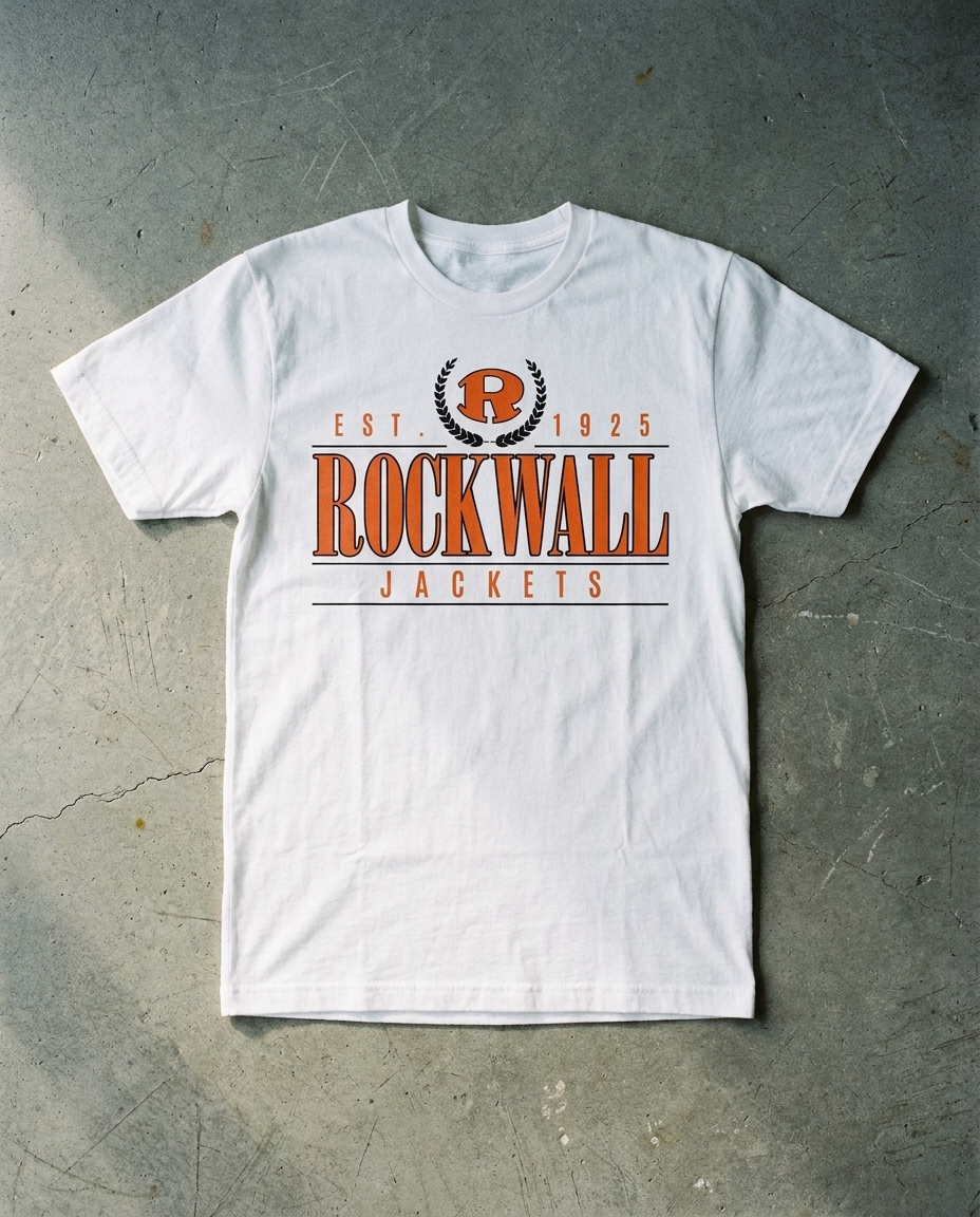 Rockwall Laurel Rest tee in white, orange R inside a laurel crest above EST. 1925 with ROCKWALL and JACKETS ruled off below