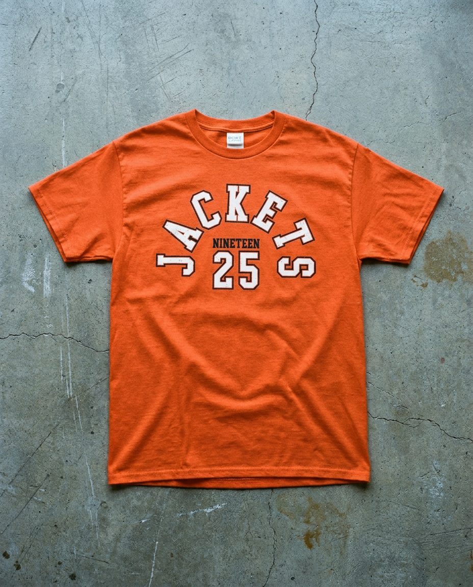 Rockwall Mega Arch tee in orange, cream JACKETS stretched wide across the chest with NINETEEN 25 set in the middle