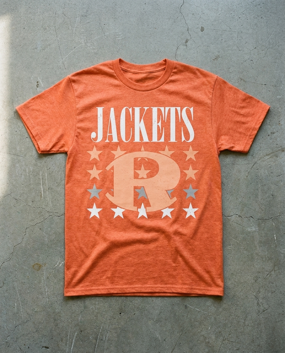 Rockwall Seein Stars tee in orange, cream JACKETS above one large R with stars scattered loose around it