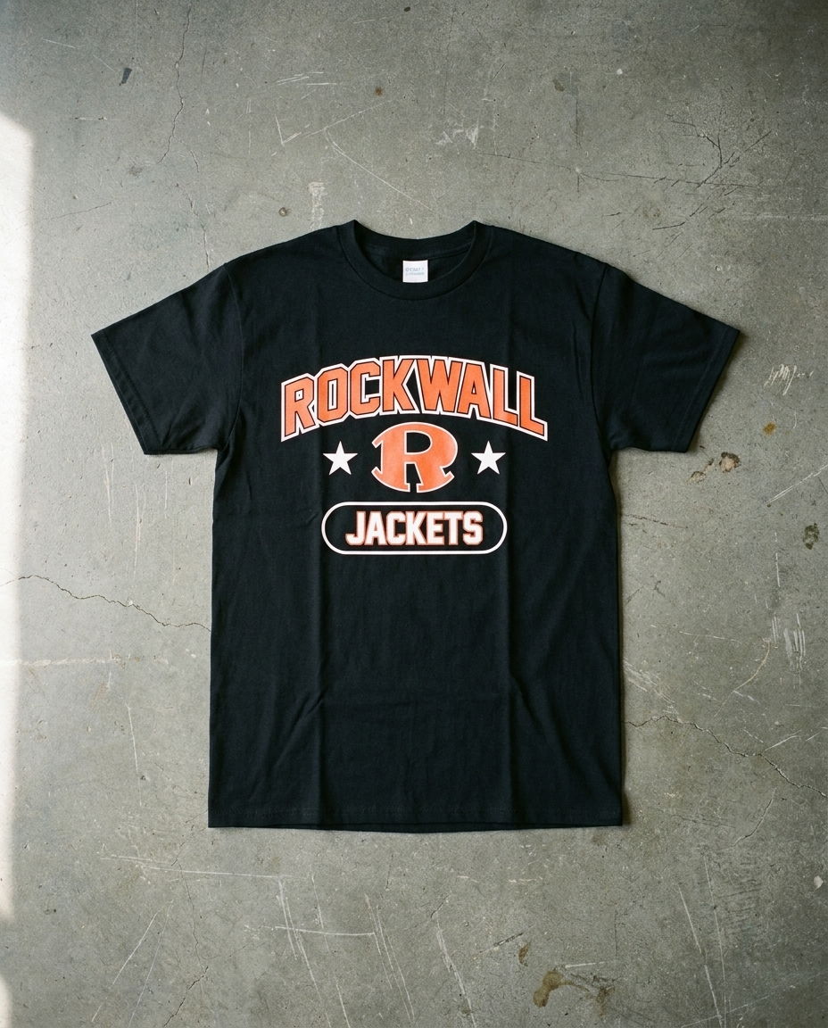 Rockwall Triumph tee in black, arched ROCKWALL over the R set between two stars with JACKETS in an outlined pill
