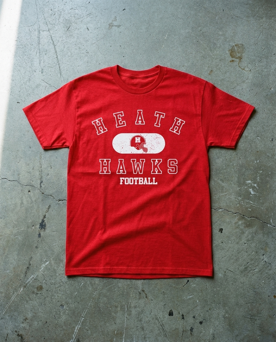 Heath Old School tee in red, spaced HEATH lettering with the helmet inside a white pill over HAWKS and FOOTBALL