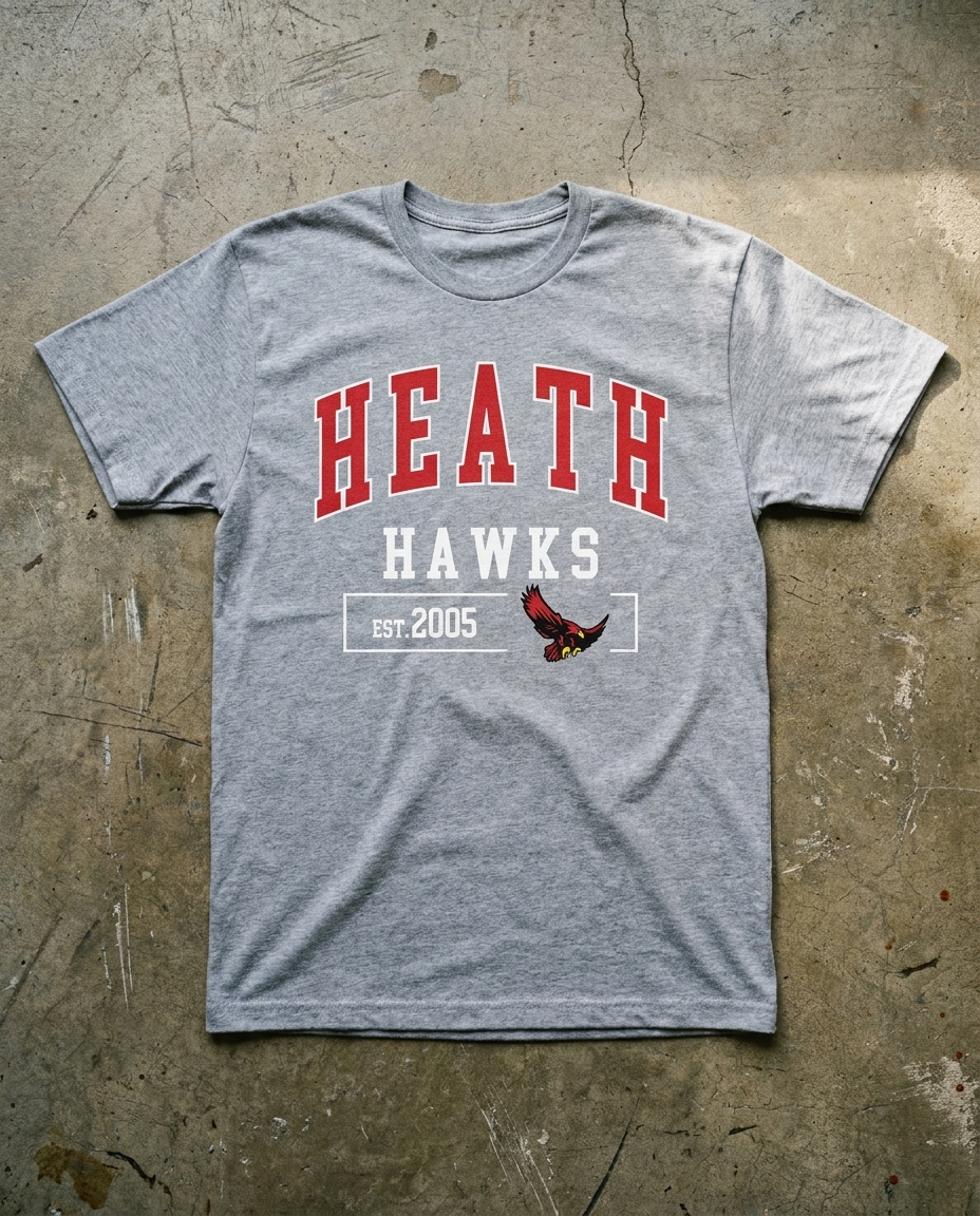 Heath Basic Raid Block tee in sport grey, arched HEATH in red over block HAWKS with EST. 2005 and the hawk boxed underneath