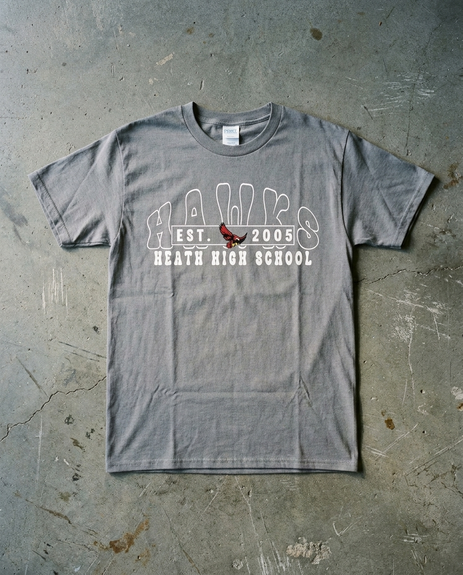 Heath Bubble Arch tee in athletic heather, rounded outline HAWKS arched over EST. 2005 with the hawk and HEATH HIGH SCHOOL beneath